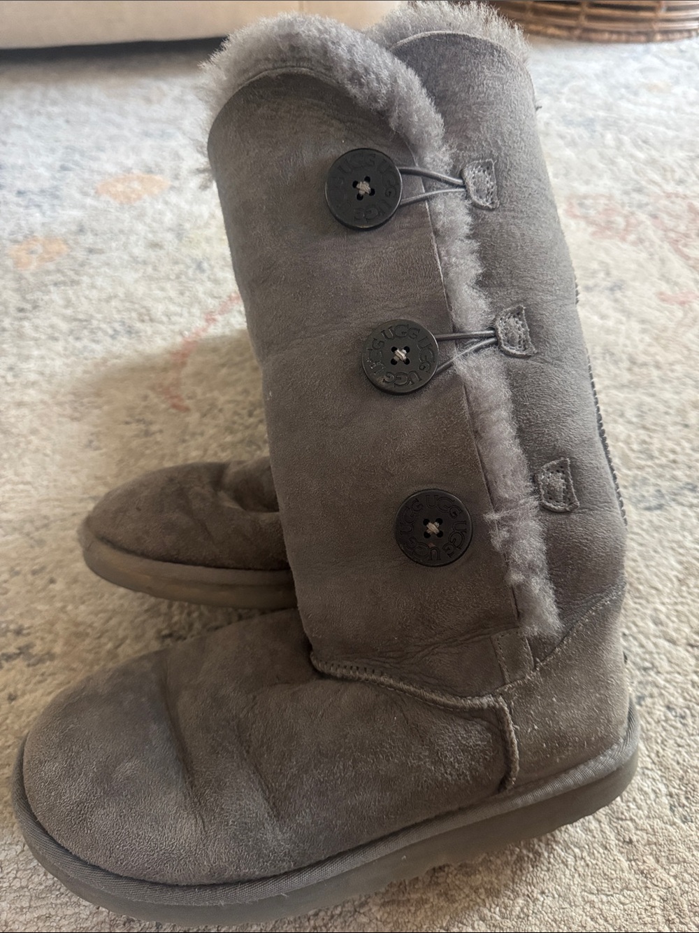 UGG Gray Button-Detail Sheepskin Boots